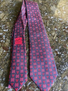 HERMES 100% silk, Red and Navy Geometric Silk Tie